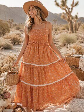 Orange Floral Tiered Maxi Smocked Dress Med Prairie Cottagecore Summer Festival